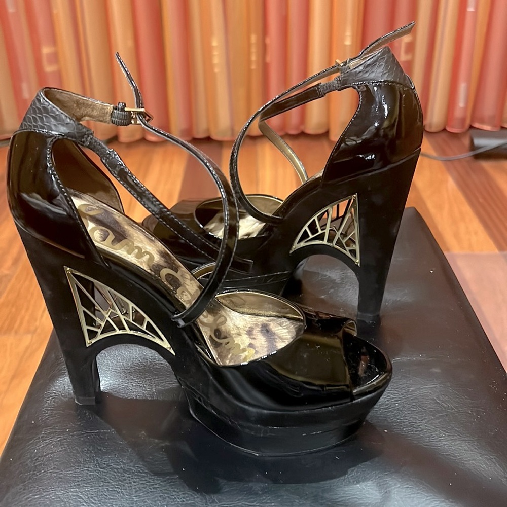 Sam Edelman Black Patent Platform Heels with Gold Accent